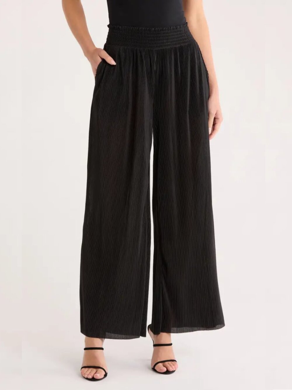 Ellen Tracy XL Black Plissé Wide Leg Pants NWT Elastic Waist Pockets Smocked NEW
